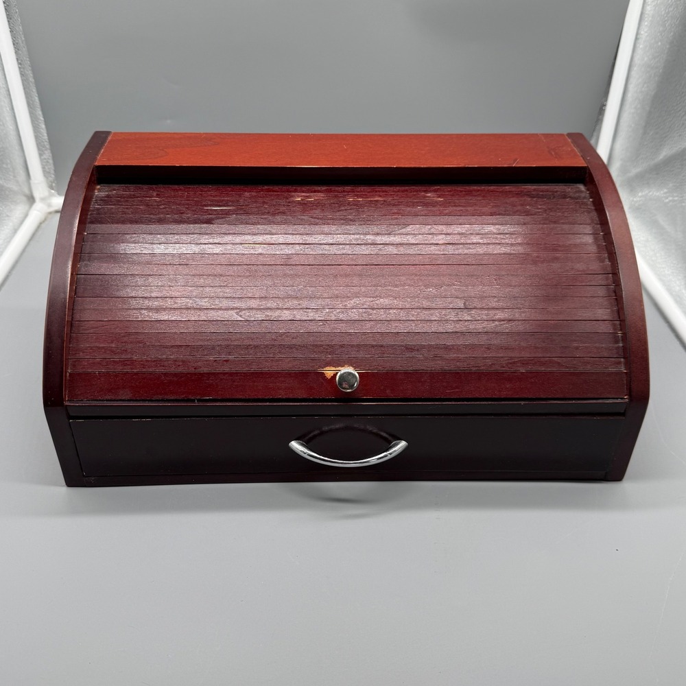 Vintage Wooden Roll Top Desk Organizer Cherry Finish Tambour Door Storage Drawer